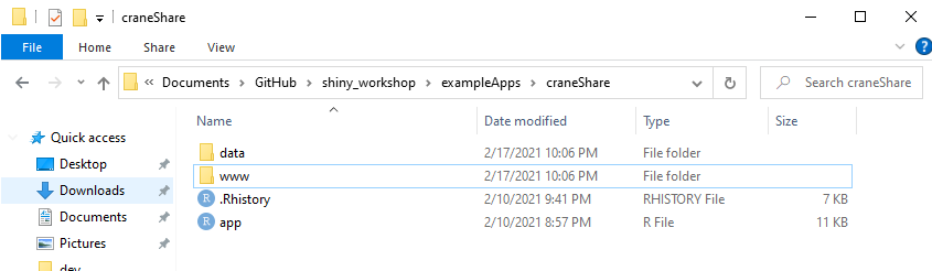Screenshot of an app file structure with app.R file, data folder, and www folder