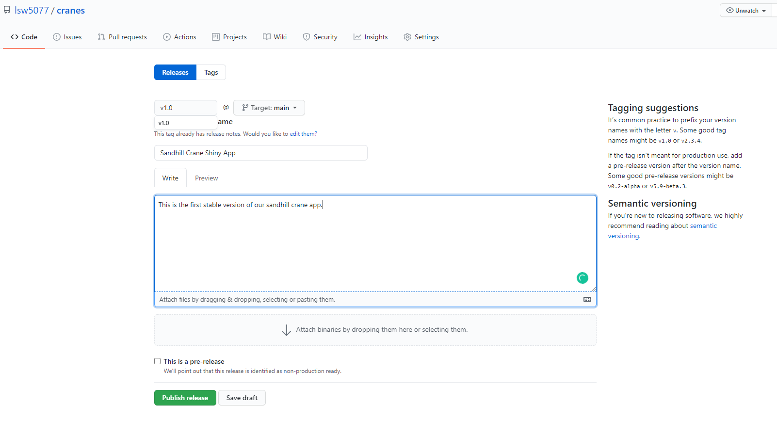 Screenshot of the cranes github new release form