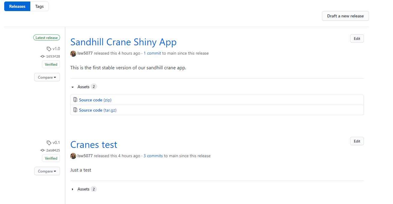 Screenshot of the cranes github Releases page
