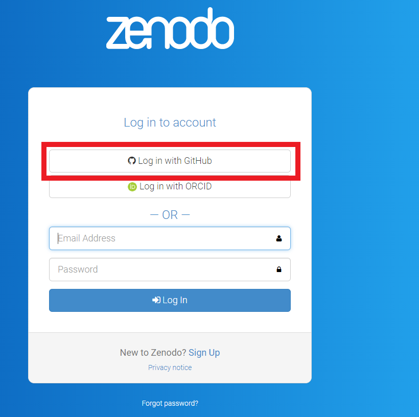 Screenshot of the zenodo homepage with the “login with github” link highlighted in a red box
